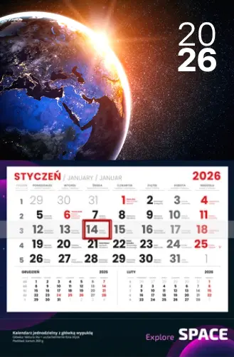 Kalendarz jednodzielny LUX z wypukłą główką i kalendarium miesięcznym