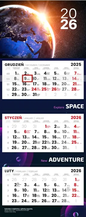 Kalendarz trójdzielny LUX z wypukłą główką i trzema kalendariami