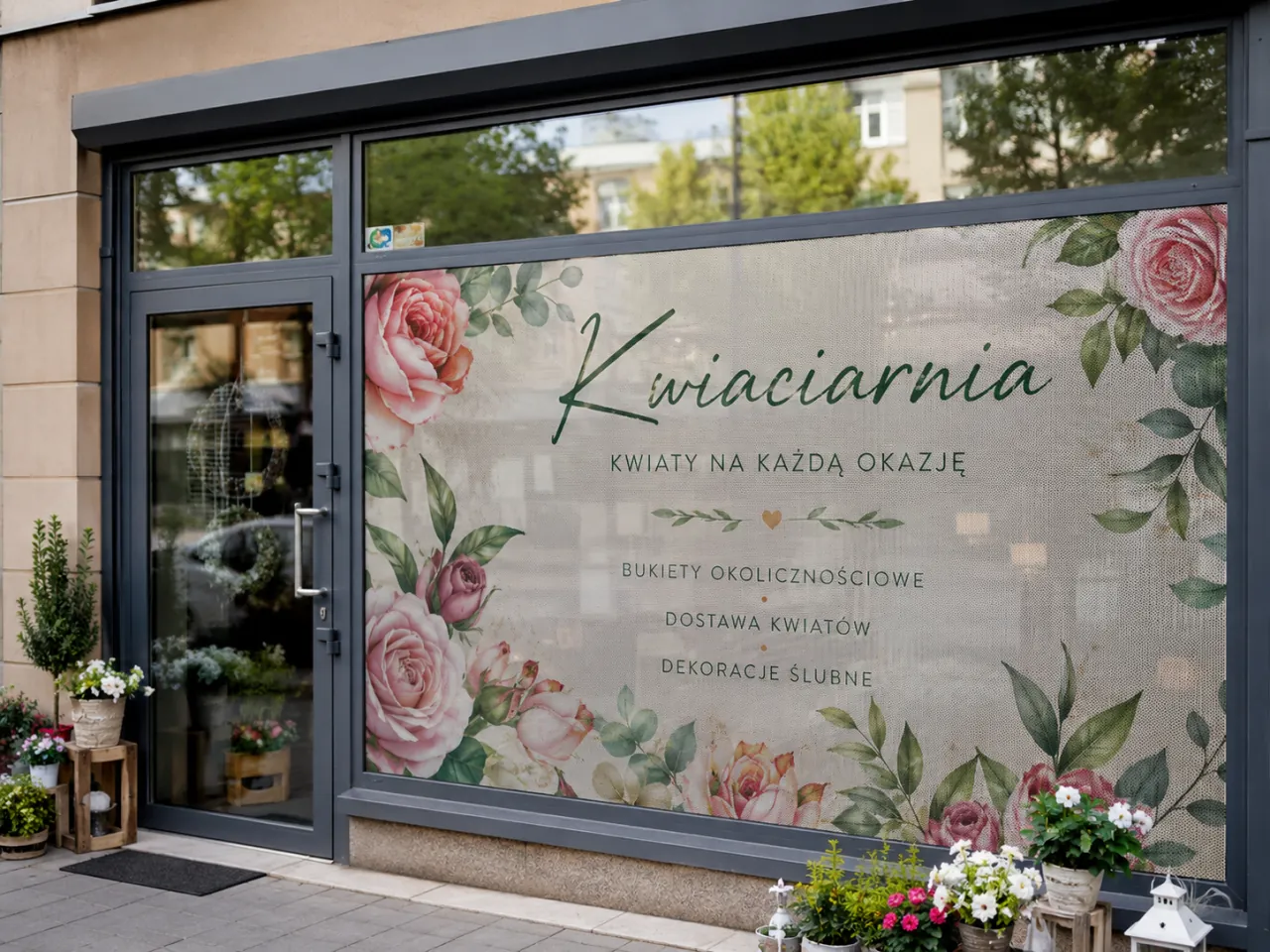 Perforowana folia One Way Vision z nadrukiem na witrynie kwiaciarni