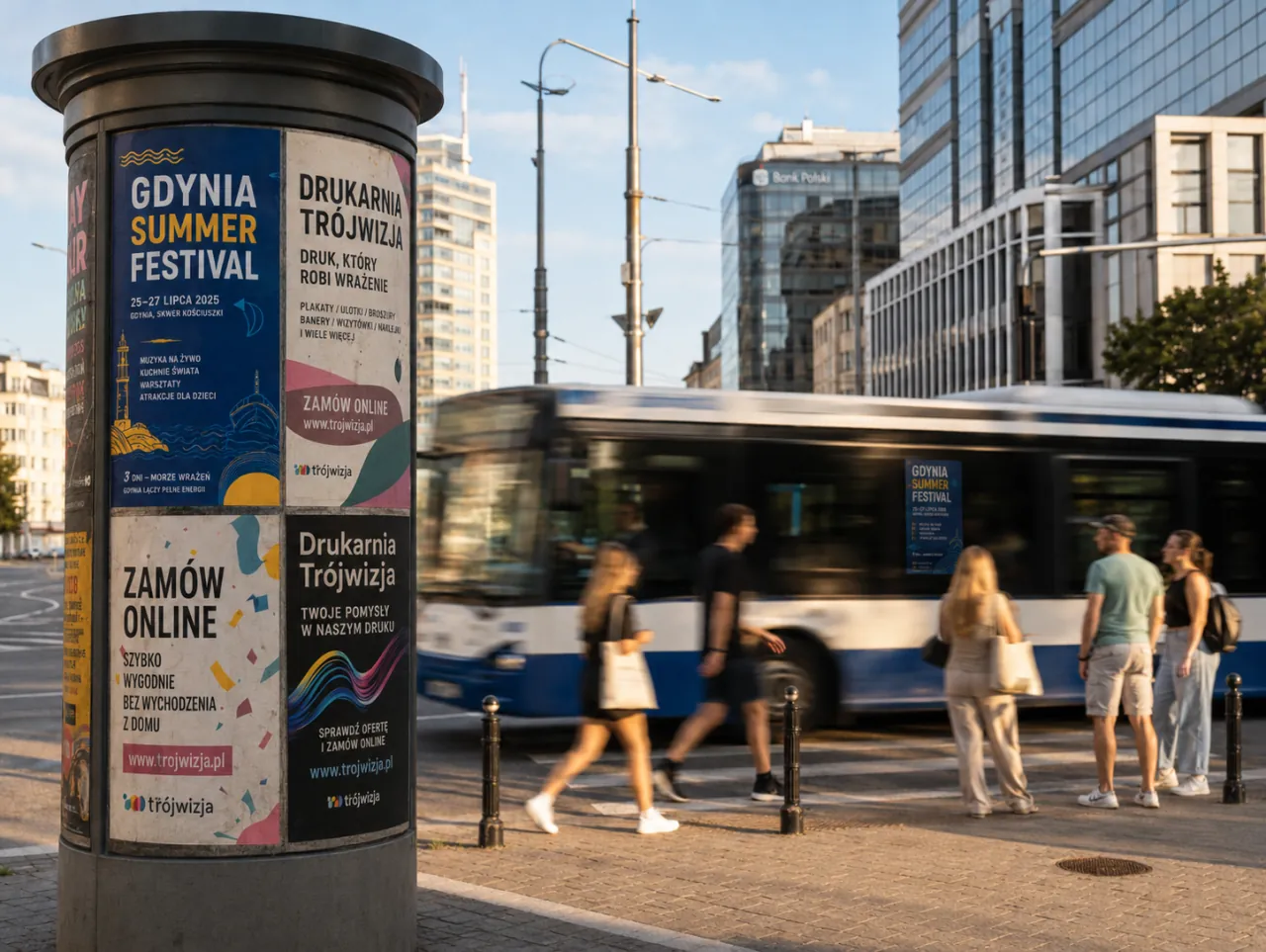 Kolorowe plakaty reklamowe prezentowane w przestrzeni miejskiej