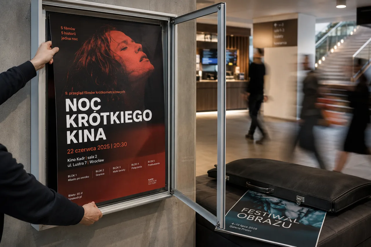 Plakat reklamowy oglądany w przestrzeni miejskiej