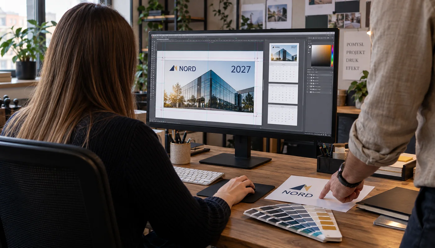 Grafik przygotowujący projekt kalendarza firmowego 2027 na podstawie logo klienta