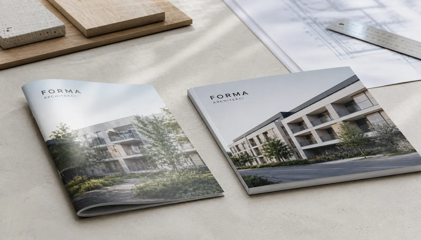 Cienki katalog szyty i katalog klejony pracowni architektonicznej FORMA z fotografiami współczesnego budynku
